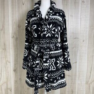 PINK Victorias Secret Plush Short Robe SleepwearXS Black Fair Isle/Nordic Cozy